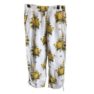 Tahari Linen pants SZ Medium 100% Linen pineapple print elastic waist off white